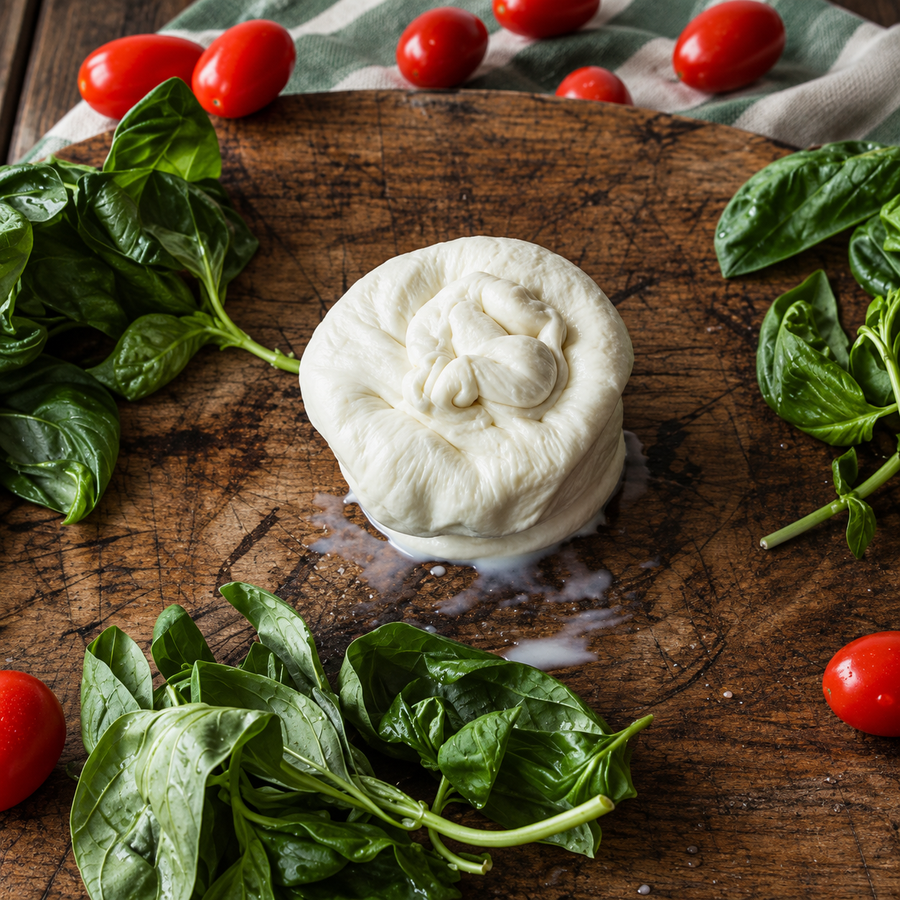 La Burrata di Bufala AMB sul tagliere con basilico