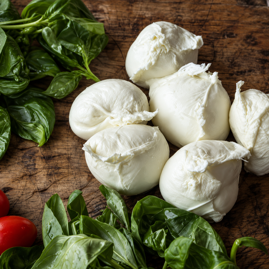 AMB buffalo mozzarellas on a wooden board with fresh basil