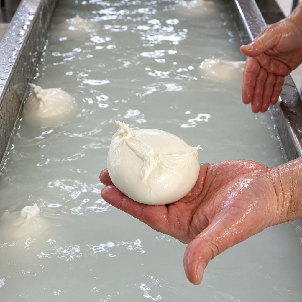 Freshly shaped buffalo mozzarella held over the dairy vat