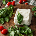 AMB buffalo ricotta on a wooden board with basil and cherry tomatoes