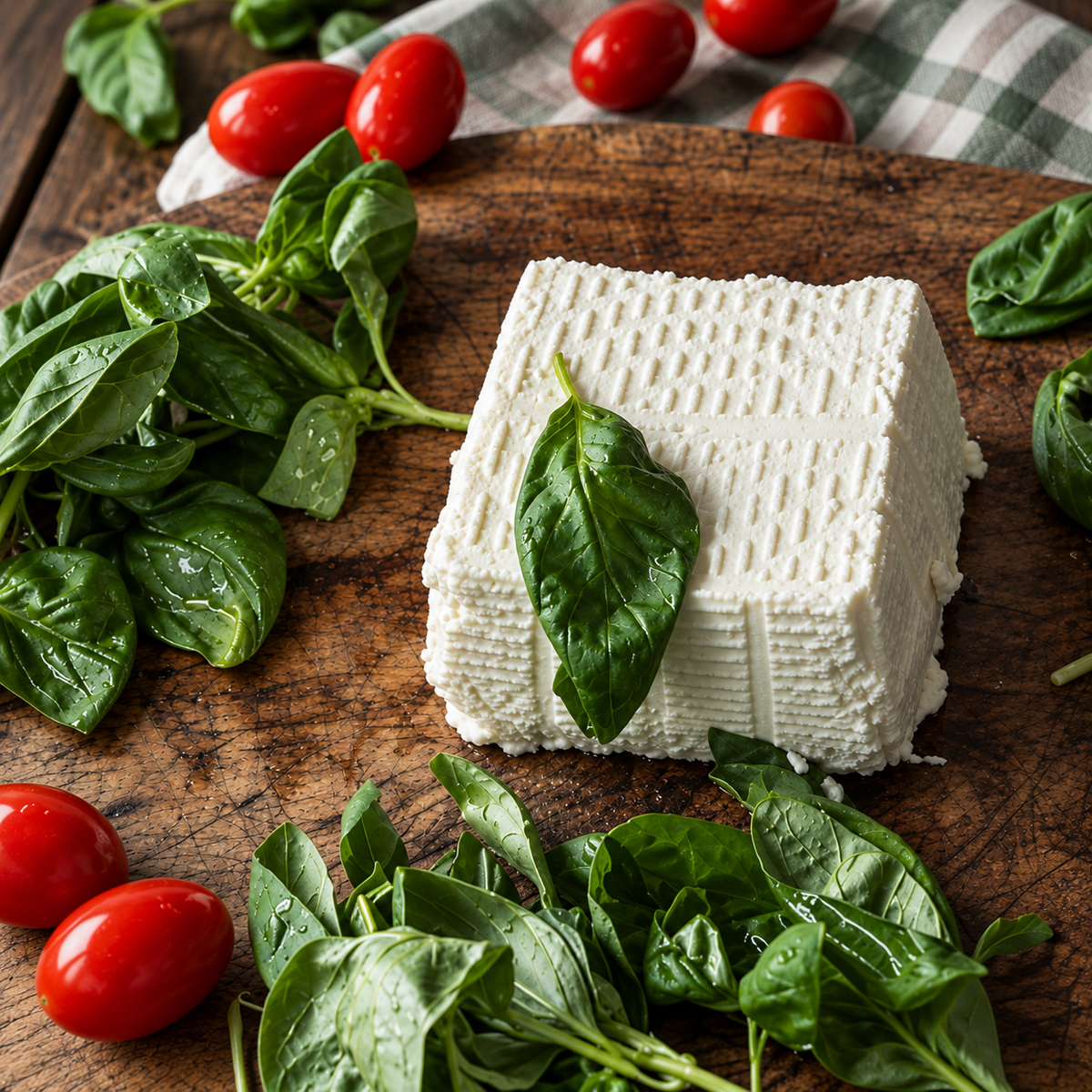 AMB buffalo ricotta on a wooden board with basil and cherry tomatoes